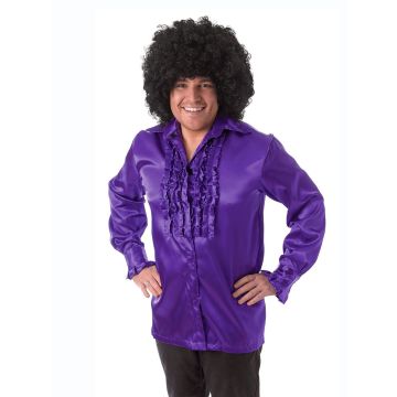 Adult purple satin disco shirt with ruffled placket and wide 1970s collar