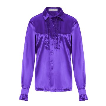 Adult Purple Disco Shirt with Ruffles and Afro Wig - 1970s Mens Groovy Costume