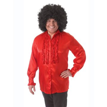 Adult mens red satin disco shirt with ruffled placket and black afro wig