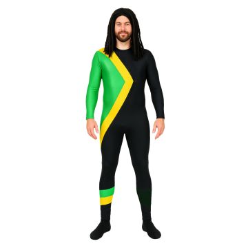 Adult Jamaican costume with green and yellow diagonal stripes on black bodysuit