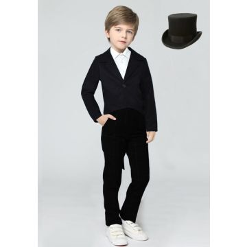 Kids black tailcoat jacket with top hat magician costume front view