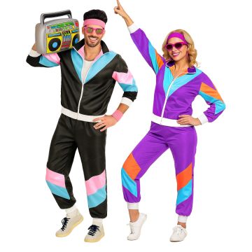 Adults 80s shell suit couples costume set with geometric color blocking