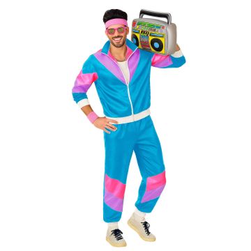 Adult mens 80s shell suit costume in turquoise blue with hot pink and purple color-blocking