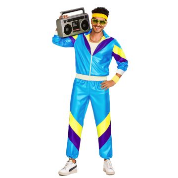 Adult mens 80s shell suit costume in electric blue with diagonal yellow and purple stripes