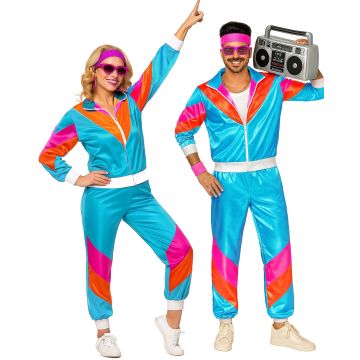 Bright turquoise 80s tracksuit costume set with hot pink and orange color-blocking for couples