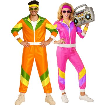 Adults 80s shell suit couples costume with neon colour-blocked tracksuits