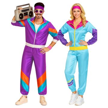 Adult shell tracksuit 80s costume couple set with neon colour-block jackets and joggers
