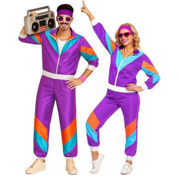 Adults 80s purple shell suit costume couples set with cyan orange chevron panels