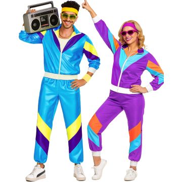 Adults 80s Shell Suit Couples Costume - neon tracksuit set with colour-block jackets and joggers