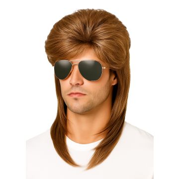 Adult brown mullet wig with teased crown volume and shoulder-length back layers for 80s costume