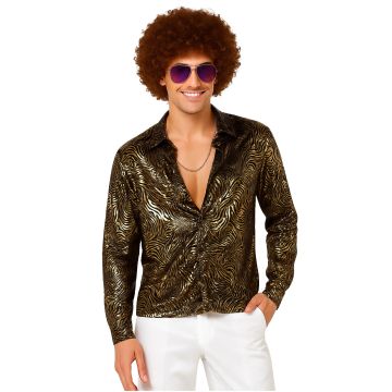 Mens black disco shirt with metallic gold swirl pattern and wide pointed collar