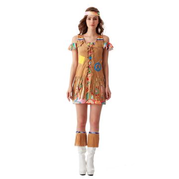 Fringed ankle cuffs and floral headband included with 60s go-go dancer costume