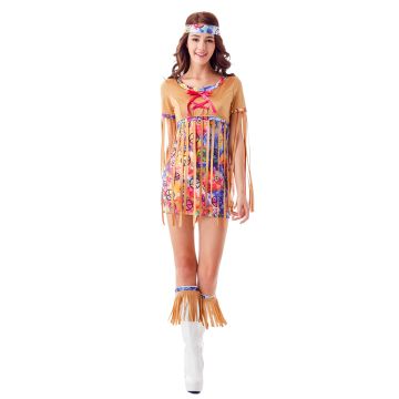 Womens 60s hippie costume with tie-dye peace sign dress and fringed sleeves