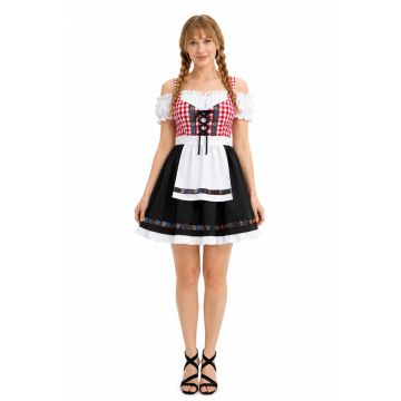 Woman wearing red Oktoberfest dirndl costume with red gingham bodice white apron and black skirt front view