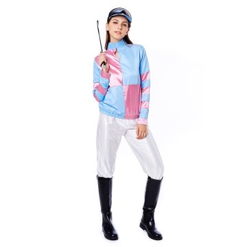 Womens jockey costume with blue and pink racing silks jacket and white trousers