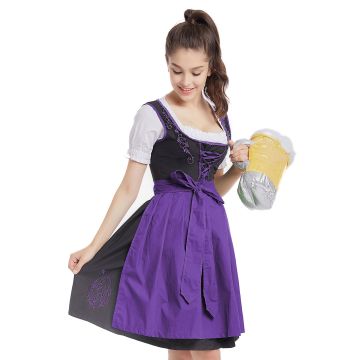 Womens Bavarian Beer Maid Costume - Purple Dirndl Dress with Apron