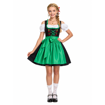 Womens Bavarian Dirndl Costume with Green Apron and Embroidered Bodice