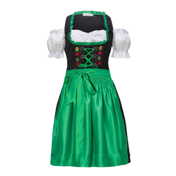 Womens Bavarian Dirndl Costume with Green Apron and Embroidered Bodice