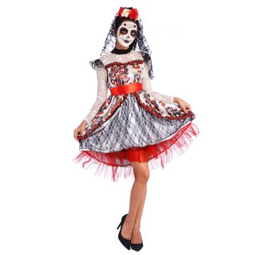 Day of the Dead sugar skull bride costume with white lace dress and veil