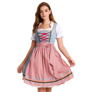 Womens Bavarian Beer Maid Dirndl Costume - Blue Floral Bodice with Gingham Apron