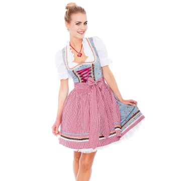 Womens Bavarian dirndl costume with blue floral bodice and red gingham apron