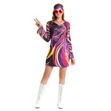 Womens 60s 70s Rainbow Disco Dress with Headband - Psychedelic Hippie Costume