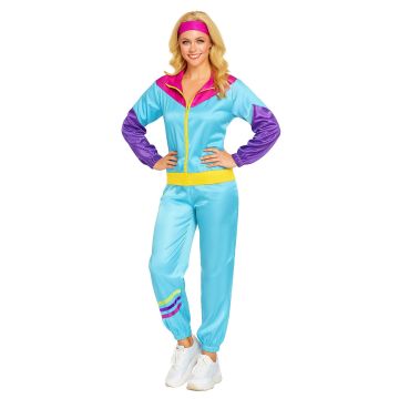 Womens 80s parachute tracksuit costume in bright turquoise blue with hot pink and purple panels