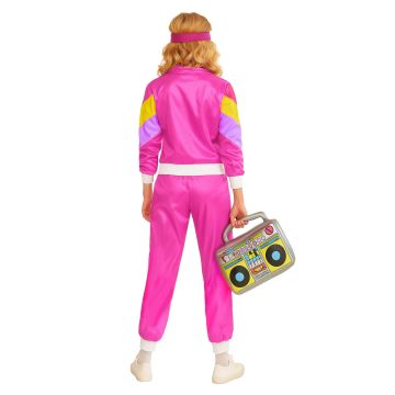 Ladies White Tracksuit Costume - 80s Retro Shell Suit with Hot Pink Jacket