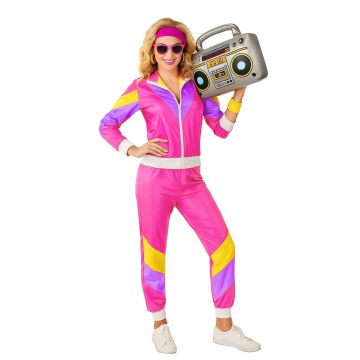 Ladies white tracksuit costume with hot pink jacket and color-block sleeves