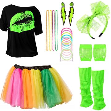Ladies 80s costume with neon green lips t-shirt and rainbow tutu on white background