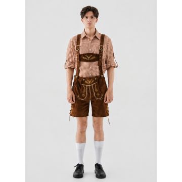Mens Oktoberfest Lederhosen Costume - Bavarian Checked Shirt and Shorts Set