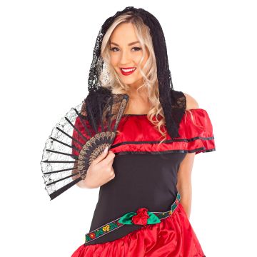 Adult Spanish Flamenco Fan - Black & White Lace Folding Dance Accessory