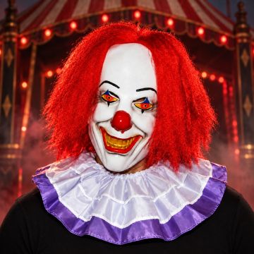 Adult Evil Clown Latex Mask with Red Hair and Ruffled Collar