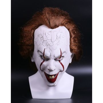 Adult evil clown latex mask with auburn hair and cracked porcelain face design