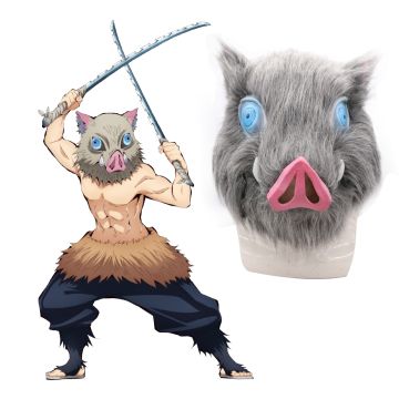 boar beast hunter wild boar cosplay mask with grey fur and bright blue eyes