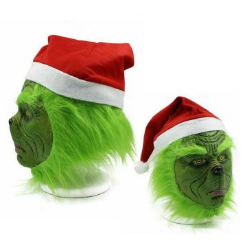 Adult Green Christmas Grump Mask with Red Santa Hat