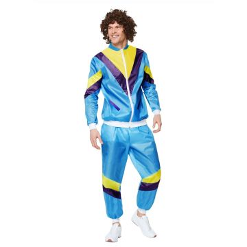 Adult Mens 80s Shell Suit Costume - Retro Tracksuit in Aqua Blue & Yellow