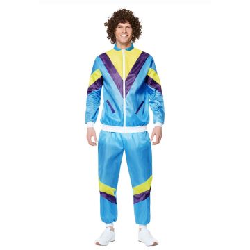 Mens 80s shell suit costume in aqua blue with yellow and purple panels
