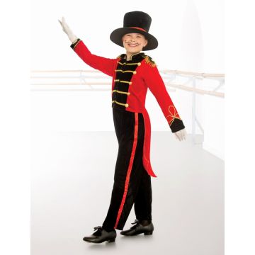 Kids circus ringmaster costume with red velour tailcoat and gold braid trim