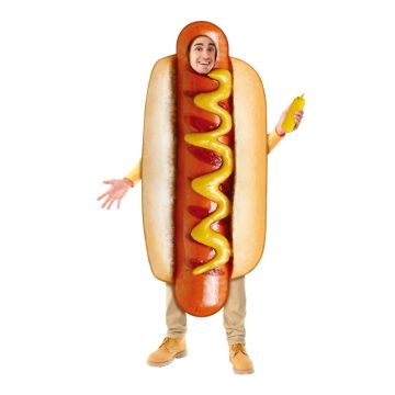 Adult hot dog costume with plush bun and yellow mustard waves