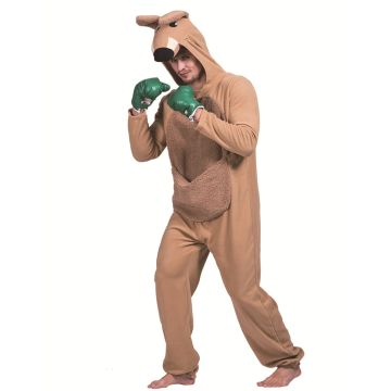 Tan kangaroo jumpsuit with attached hood showing cream muzzle and upright ears
