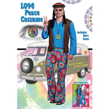 Mens 1970s Hippie Costume - Rasta Hat, Peace Necklace & Fringe Vest