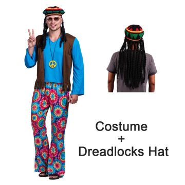 Mens 70s Hippie Rasta Costume - Hat with Dreadlocks, Peace Sign Necklace & Vest