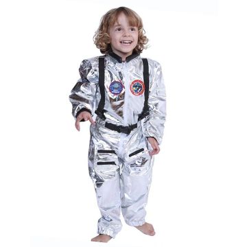 Silver astronaut costume showing NASA-style mission patch details