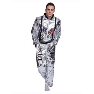 Silver space suit costume showing black harness straps and waist belt detail