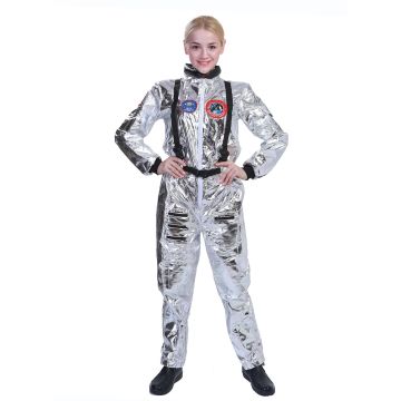 Womens Astronaut Costume - Silver Space Jumpsuit with Mission Patches
