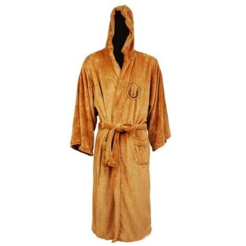 Full-length brown fleece gown showing hood and front pockets