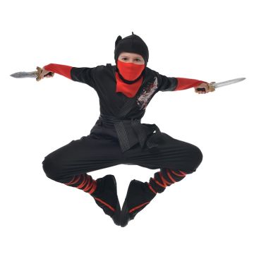 Kids Ninja Costume with Hood and Face Mask - Black & Red Warrior Outfit