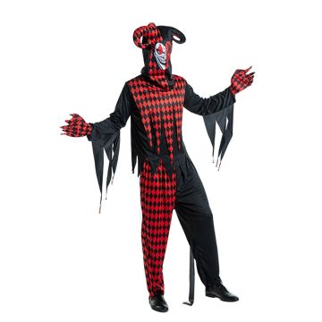 Adult Evil Jester Clown Costume with Horned Hood and Claws
