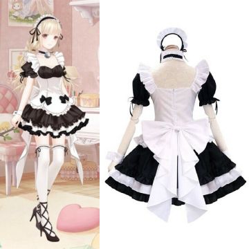 Womens French Maid Lolita Costume - Black & White Ruffle Dress with Apron